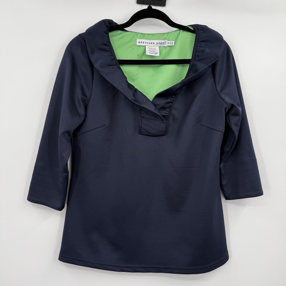 Gretchen Scott Tunic Blouse Womens Small Navy Blue Ruffle Neck 3/4 Sleeve Lined